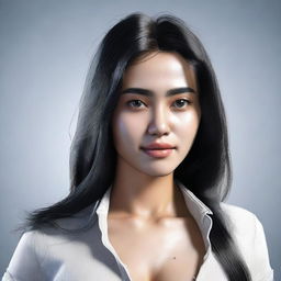 A 25-year-old Indonesian woman with black long hair, a beautiful face and eyes, wearing a ripped shirt