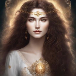 A fantasy book cover featuring a very beautiful white woman with long, curly brown hair and glowing golden eyes