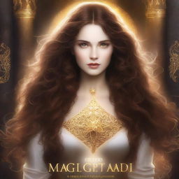 A fantasy book cover featuring a very beautiful white woman with long, curly brown hair and glowing golden eyes