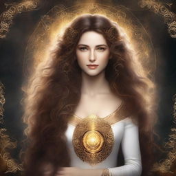 A fantasy book cover featuring a very beautiful white woman with long, curly brown hair and glowing golden eyes