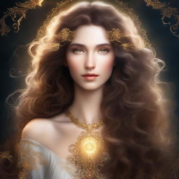 A fantasy book cover featuring a very beautiful white woman with long, curly brown hair and glowing golden eyes