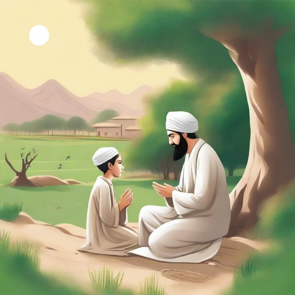 A serene scene depicting the Prophet Muhammad in his childhood, accompanied by his uncle, both engaged in prayer