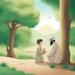 A serene scene depicting the Prophet Muhammad in his childhood, accompanied by his uncle, both engaged in prayer