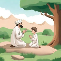 A serene scene depicting the Prophet Muhammad in his childhood, accompanied by his uncle, both engaged in prayer