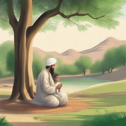 A serene scene depicting the Prophet Muhammad in his childhood, accompanied by his uncle, both engaged in prayer