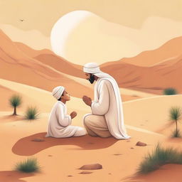 A serene scene depicting the Prophet Muhammad in his childhood, accompanied by his uncle, both engaged in prayer