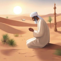 A serene scene depicting the Prophet Muhammad in his childhood, accompanied by his uncle, both engaged in prayer