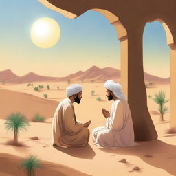 A serene scene depicting the Prophet Muhammad in his childhood, accompanied by his uncle, both engaged in prayer