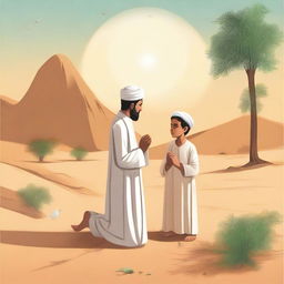 A serene scene depicting the Prophet Muhammad in his childhood, accompanied by his uncle, both engaged in prayer