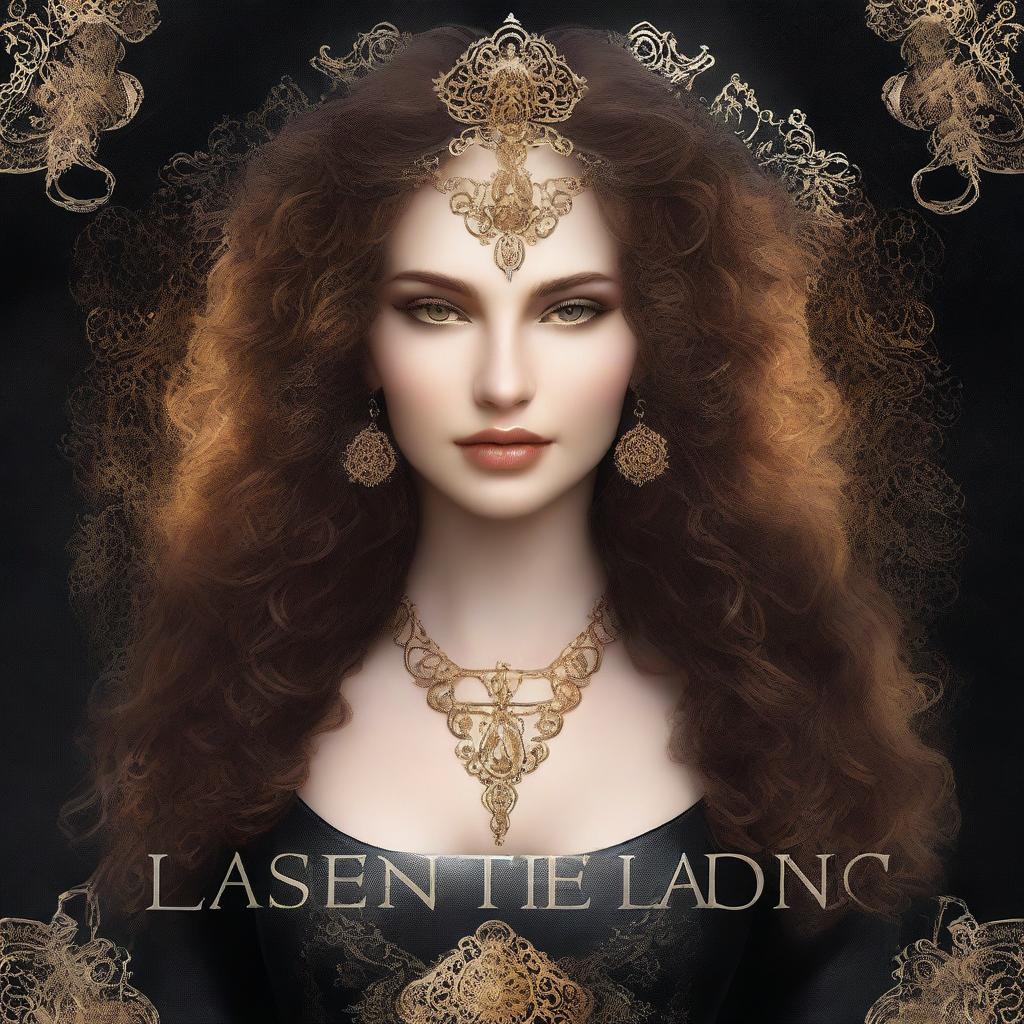 A fantasy book cover featuring a very beautiful white woman with long, curly brown hair and glowing golden eyes