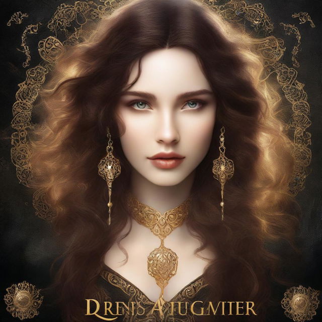 A fantasy book cover featuring a very beautiful white woman with long, curly brown hair and glowing golden eyes