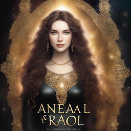 A fantasy book cover featuring a very beautiful white woman with long, curly brown hair and glowing golden eyes