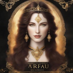 A fantasy book cover featuring a very beautiful white woman with long, curly brown hair and glowing golden eyes