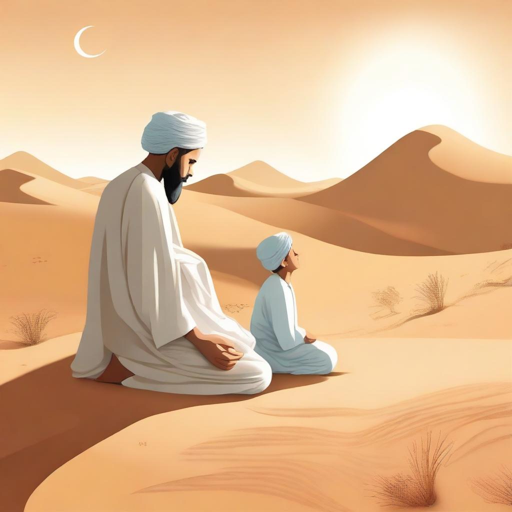 A serene scene depicting the Prophet Muhammad in his childhood, accompanied by his uncle, both engaged in prayer in a desert