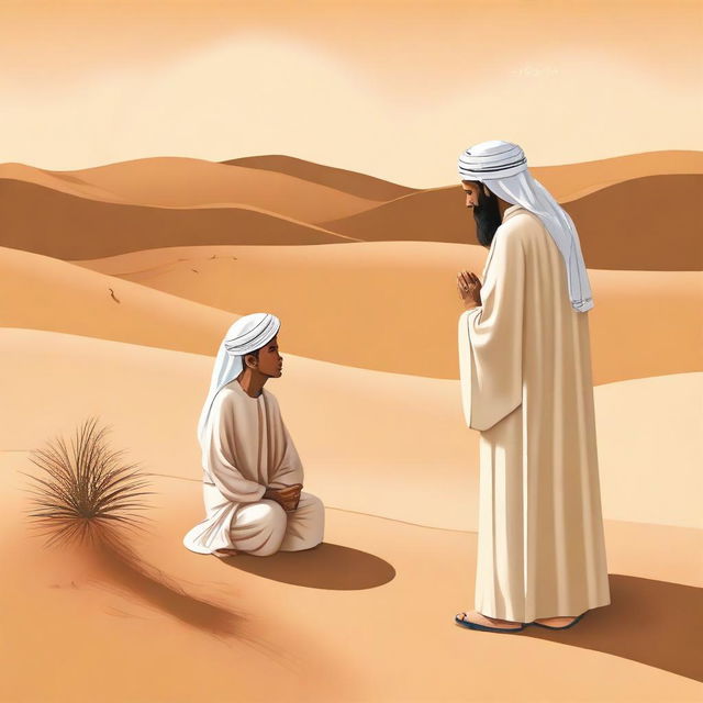 A serene scene depicting the Prophet Muhammad in his childhood, accompanied by his uncle, both engaged in prayer in a desert