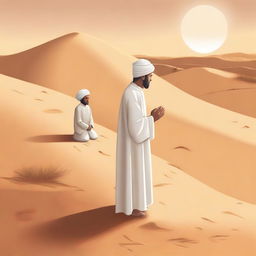 A serene scene depicting the Prophet Muhammad in his childhood, accompanied by his uncle, both engaged in prayer in a desert