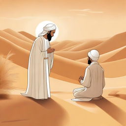 A serene scene depicting the Prophet Muhammad in his childhood, accompanied by his uncle, both engaged in prayer in a desert