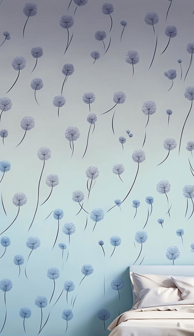 Pastel blue bedroom wallpaper with hand-drawn white dandelions, creating a serene and calming atmosphere.