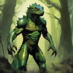 A reptilian creature named Sszintar, 5ft tall, weighing 138 pounds, covered in adamantite armor