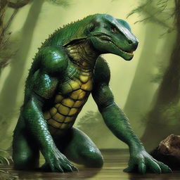 A reptilian creature named Sszintar, 5ft tall, weighing 138 pounds, covered in adamantite armor