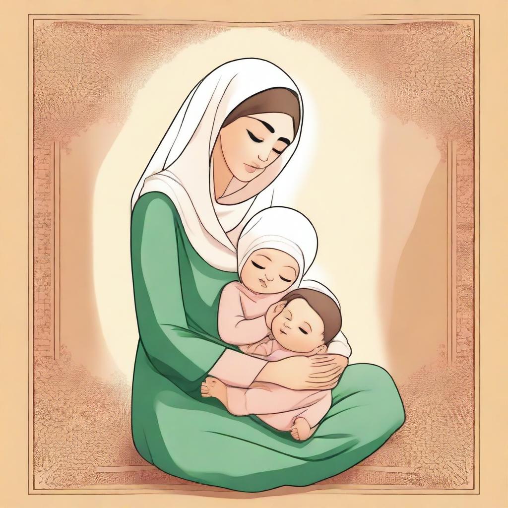 An illustration of the mother of the Prophet Muhammad, may God bless him and his family, holding him lovingly in her lap