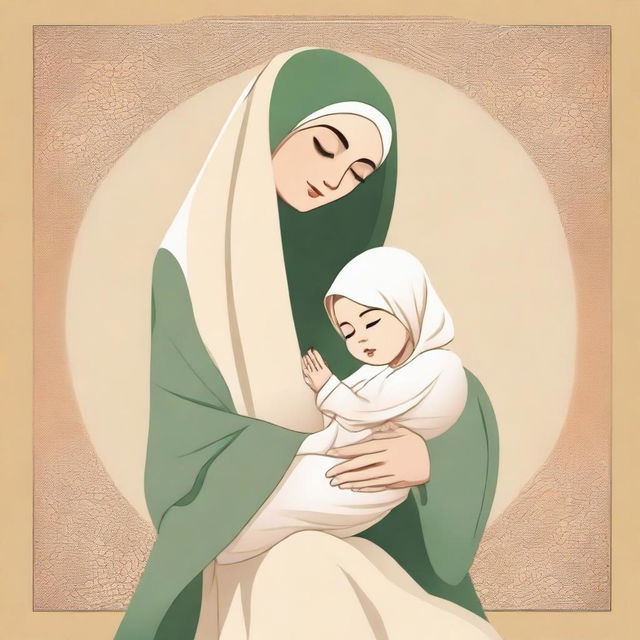 An illustration of the mother of the Prophet Muhammad, may God bless him and his family, holding him lovingly in her lap