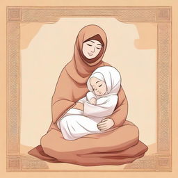 An illustration of the mother of the Prophet Muhammad, may God bless him and his family, holding him lovingly in her lap