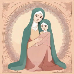 An illustration of the mother of the Prophet Muhammad, may God bless him and his family, holding him lovingly in her lap