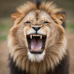 A cheerful lion, grinning with a set of regular human teeth