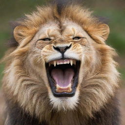 A cheerful lion, grinning with a set of regular human teeth