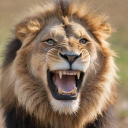 A cheerful lion, grinning with a set of regular human teeth