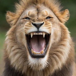 A cheerful lion, grinning with a set of regular human teeth