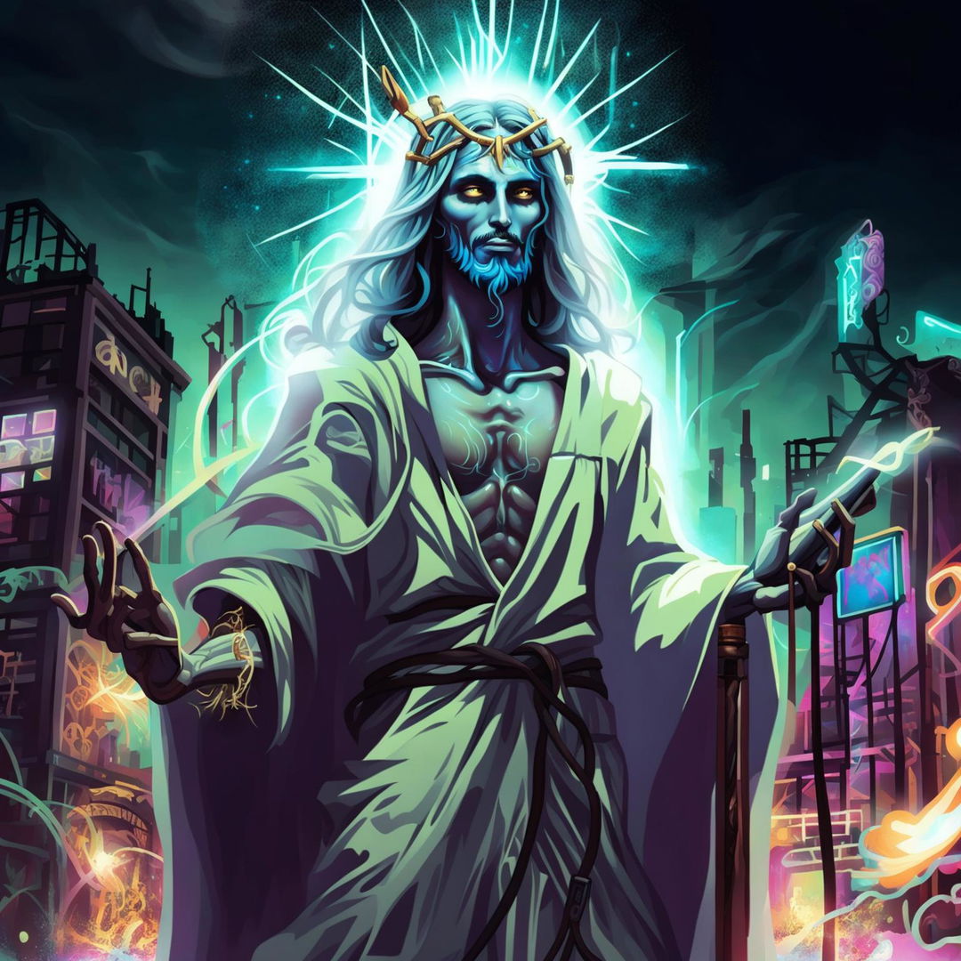 Digital art of Ghostpunk Jesus, a spectral figure with ancient attire and a crown of thorns in a grungy cityscape at night. He has a devilish grin and holds a microphone stand made of ethereal energy and rusted iron.