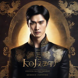 A fantasy book cover featuring a very handsome, tall Asian man with mysterious, glowing black eyes and short, wavy dark brown hair