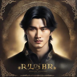 A fantasy book cover featuring a very handsome, tall Asian man with mysterious, glowing black eyes and short, wavy dark brown hair