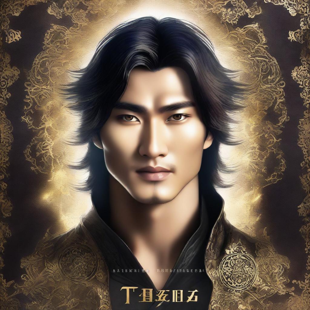 A fantasy book cover featuring a very handsome, tall Asian man with mysterious, glowing black eyes and short, wavy dark brown hair