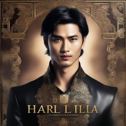 A fantasy book cover featuring a very handsome, tall Asian man with mysterious, glowing black eyes and short, wavy dark brown hair