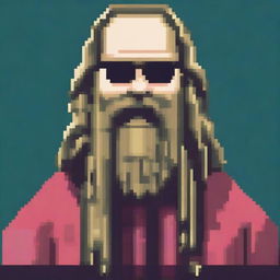 A pixel art depiction of Rick Rubin wearing glasses