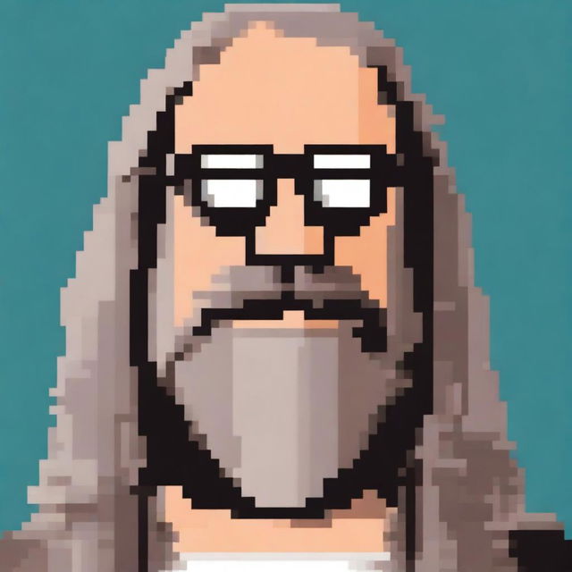 A pixel art representation of Rick Rubin wearing glasses