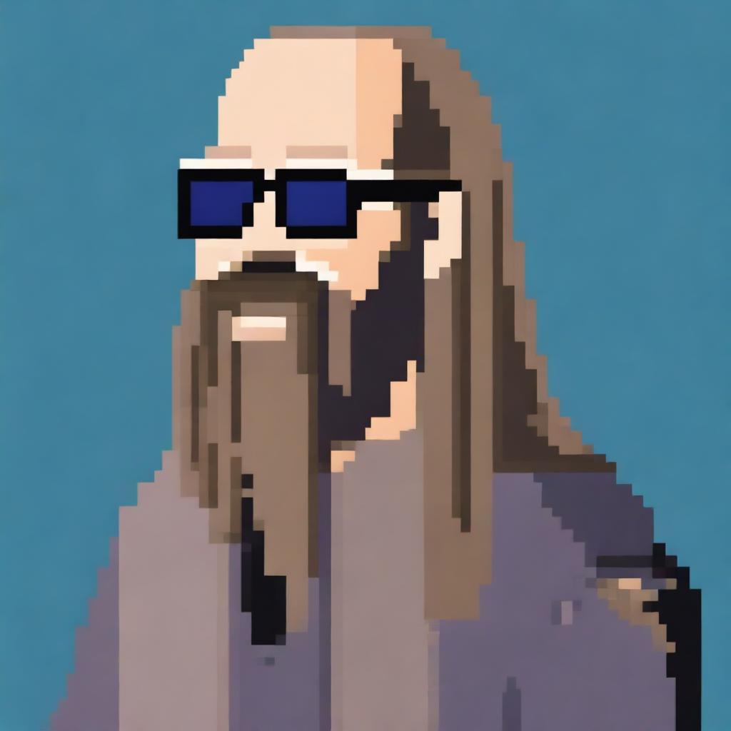 A pixel art depiction of Rick Rubin, the famous music producer, wearing glasses