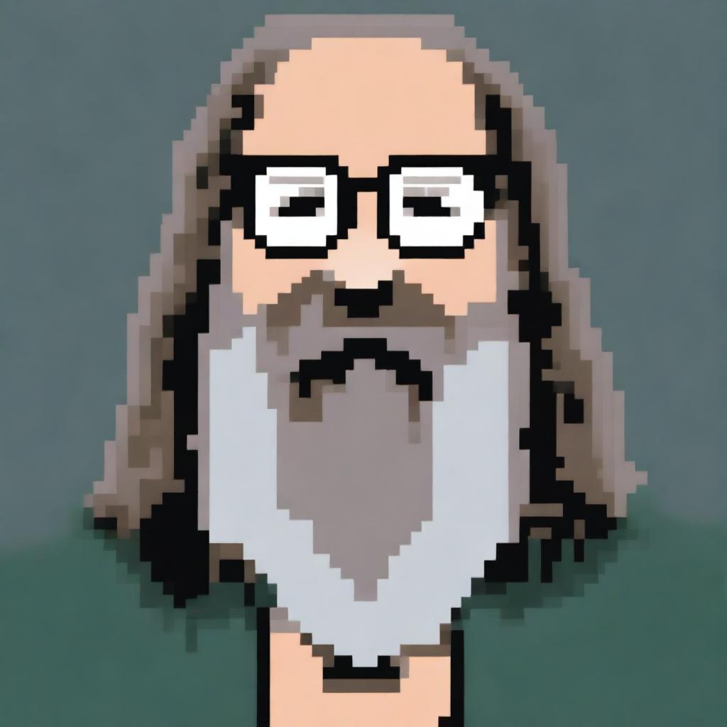 A pixel art depiction of Rick Rubin wearing glasses