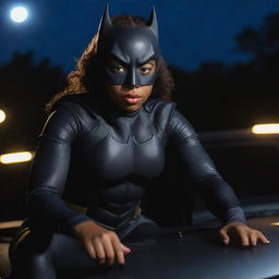 A realistic photograph-style image of a cute African American woman donning a Batman suit and mask, perched atop a car. A flashlight illuminates her face, highlighting her strong, confident expression