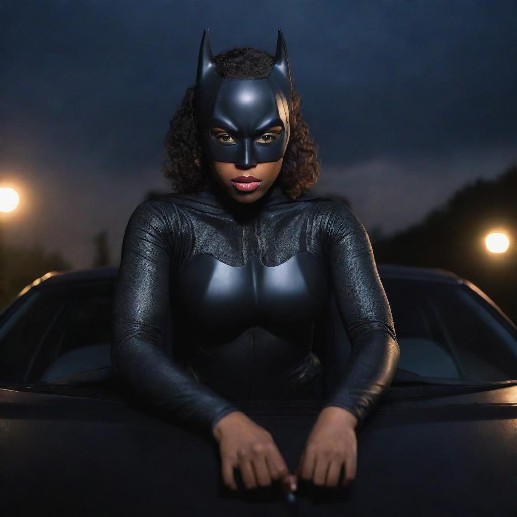 A realistic photograph-style image of a cute African American woman donning a Batman suit and mask, perched atop a car. A flashlight illuminates her face, highlighting her strong, confident expression