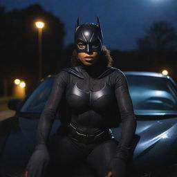 A realistic photograph-style image of a cute African American woman donning a Batman suit and mask, perched atop a car. A flashlight illuminates her face, highlighting her strong, confident expression