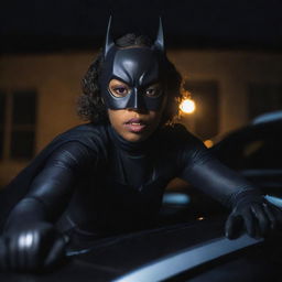 A realistic photograph-style image of a cute African American woman donning a Batman suit and mask, perched atop a car. A flashlight illuminates her face, highlighting her strong, confident expression