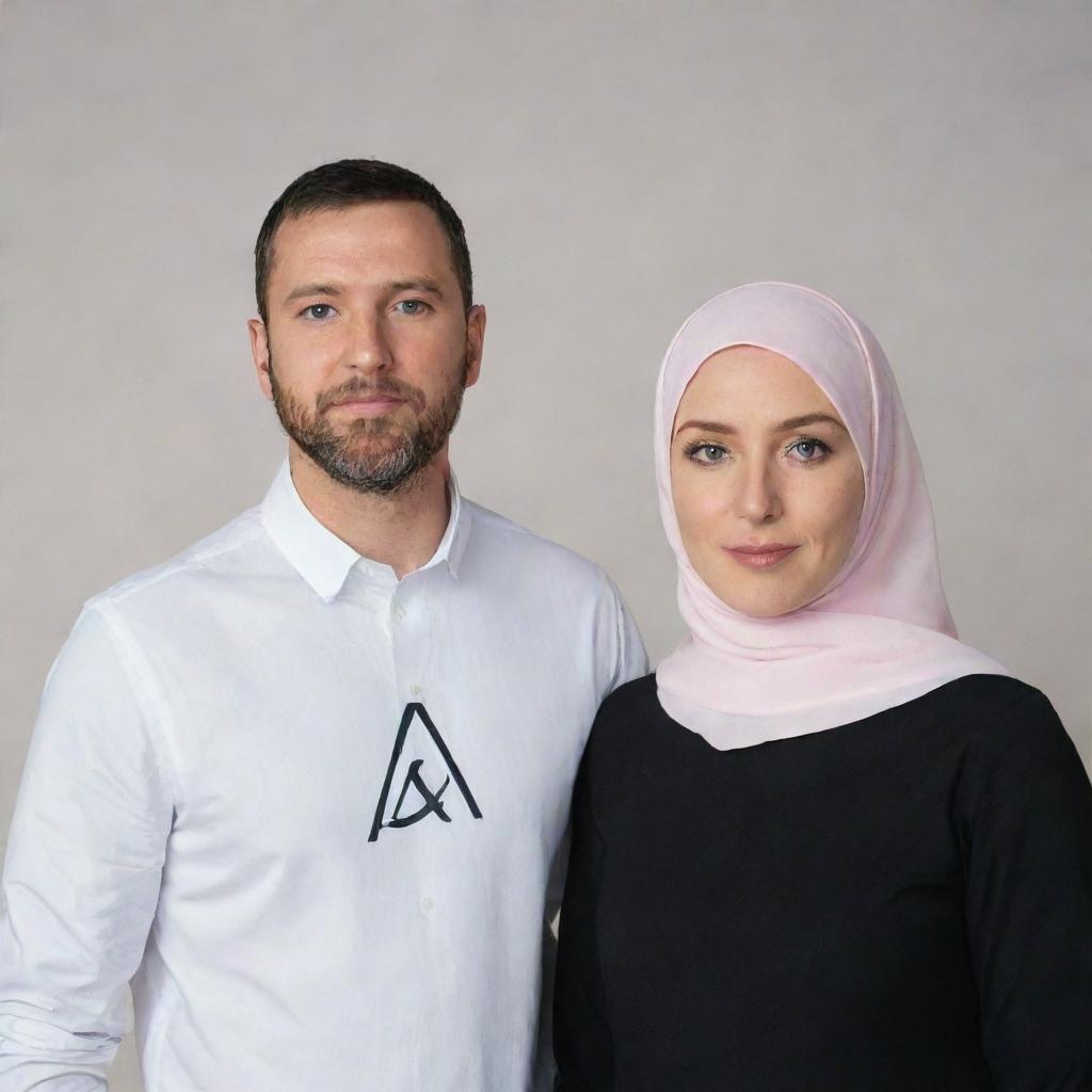 A white woman in a hijab standing alongside her husband, both wearing shirts with a prominent 'A' printed on the front