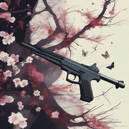 A surreal horror scene featuring guns and bullets intertwined with delicate Japanese flowers