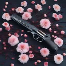 A surreal horror scene featuring guns and bullets intertwined with delicate Japanese flowers