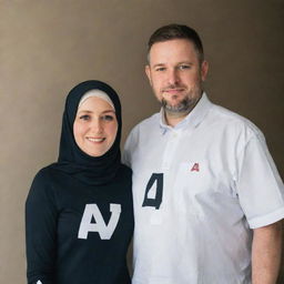 A white woman in a hijab standing alongside her husband, both wearing shirts with a prominent 'A' printed on the front