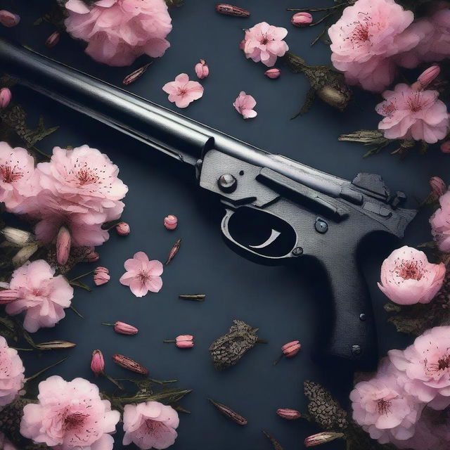 A surreal horror scene featuring guns and bullets intertwined with delicate Japanese flowers